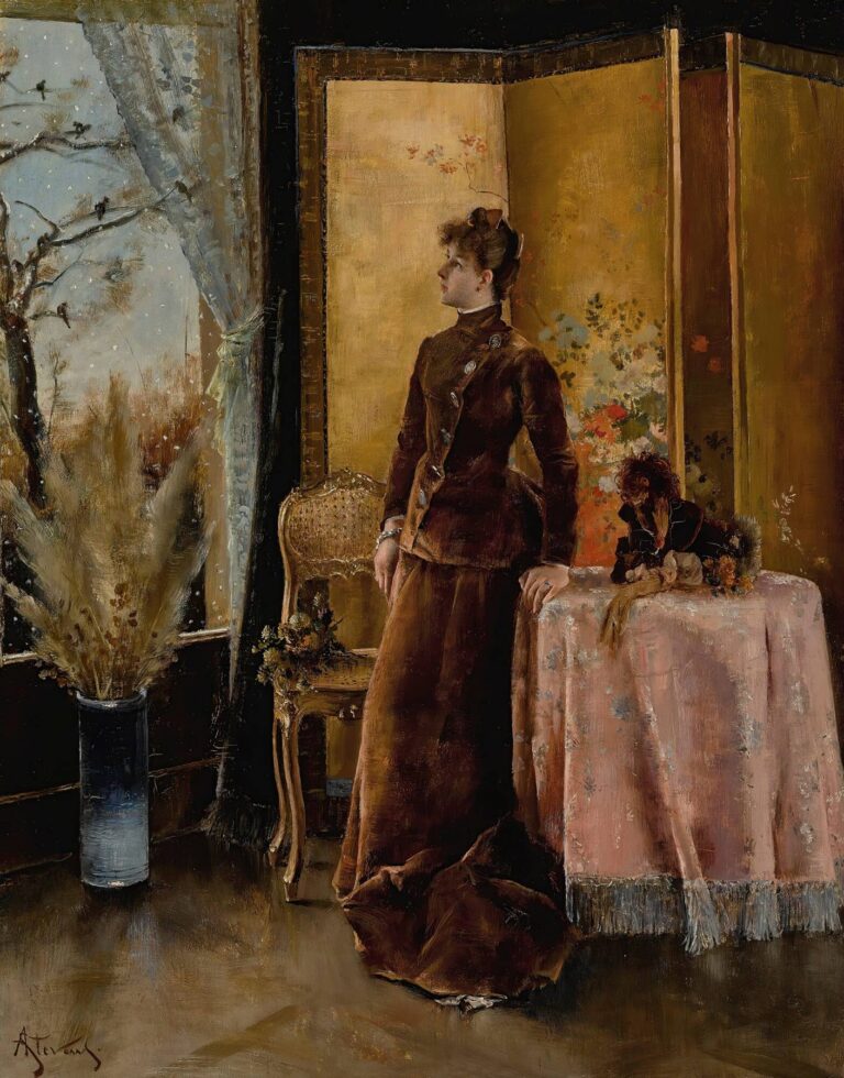 19th‑century oil painting of an elegant woman in a brown velvet suit standing beside a snowy window inside a richly decorated Parisian salon, with a console table draped in rose cloth and a gilded Japanese folding screen behind her.