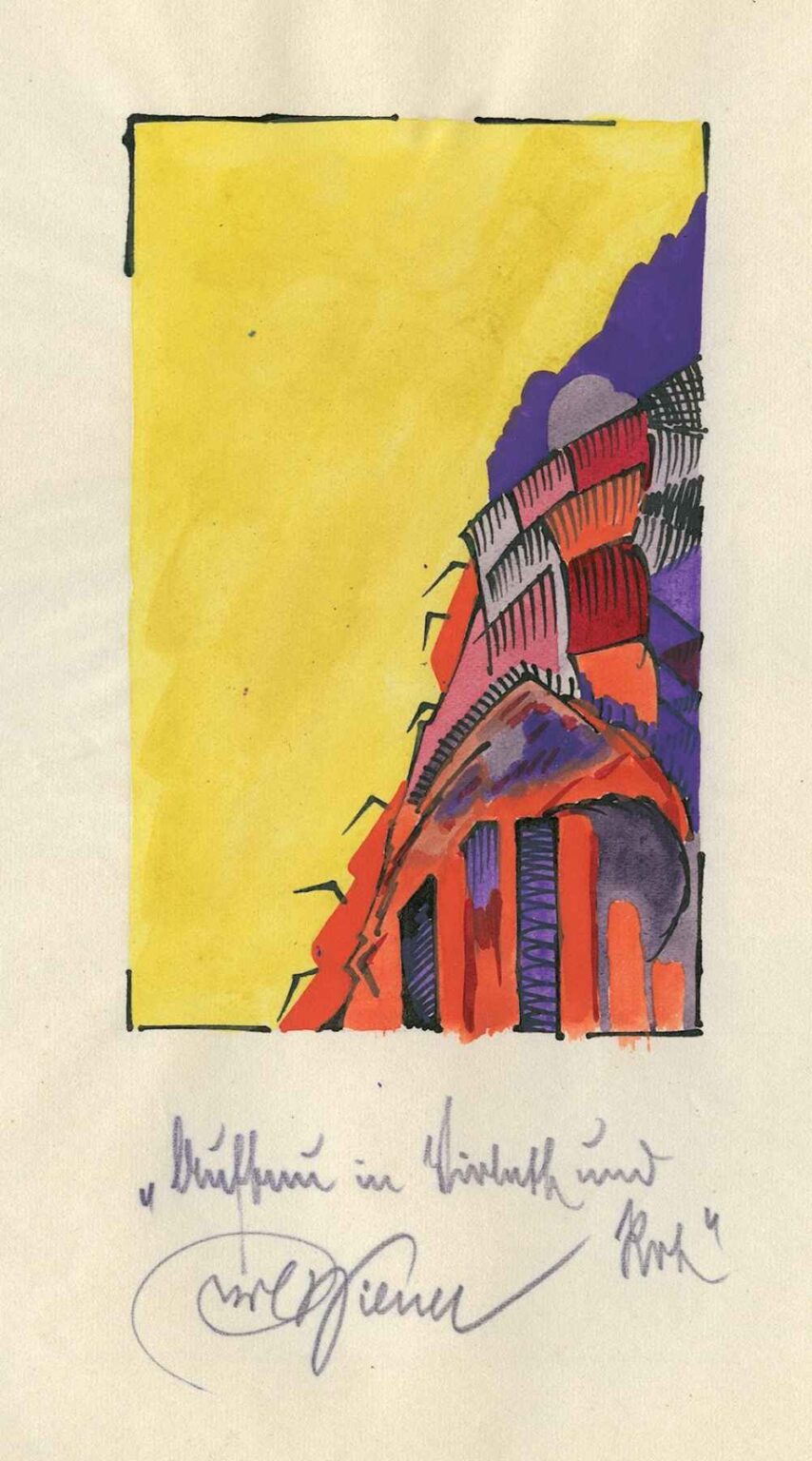 Abstract drawing “Structure in Violet and Red” by Karl Wiener (1921) featuring geometric red shapes at the base, layered violet arcs and hatched areas rising upward, all set against a broad yellow wash and framed by bold ink lines.