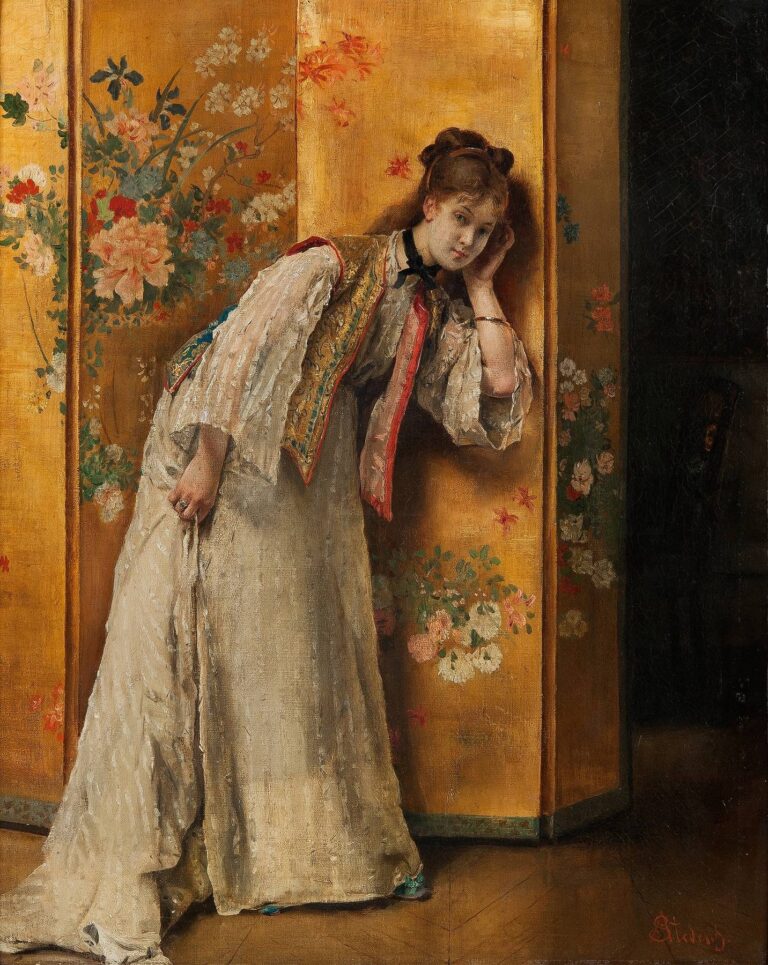 Oil painting of a 19th‑century Parisian woman in a white silk dress and embroidered jacket leaning forward with one hand to her ear against a gold‑leaf Japanese folding screen in an opulent interior.
