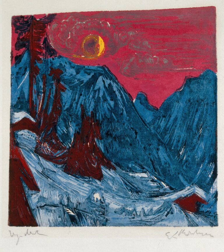 Multi-block woodcut depicting a snowy Alpine valley under a blood-red sky, with dark fir trees, angular blue mountains, a glowing crescent moon, and a small red chalet nestled in moonlit snow.