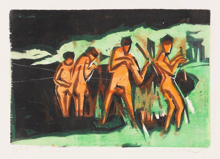 Expressionist painting by Ernst Ludwig Kirchner depicting five nude figures tossing reeds beside a dark riverbank, their forms outlined in deep brown against vibrant green foliage and ochre water.