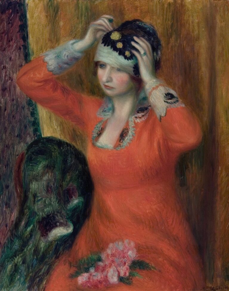 Oil painting of a young woman seated on a red-upholstered sofa, wearing a vibrant red dress and pinning a black and gold-decorated hat on her head against a golden drapery background, rendered with loose, expressive brushwork by William James Glackens, 1916.