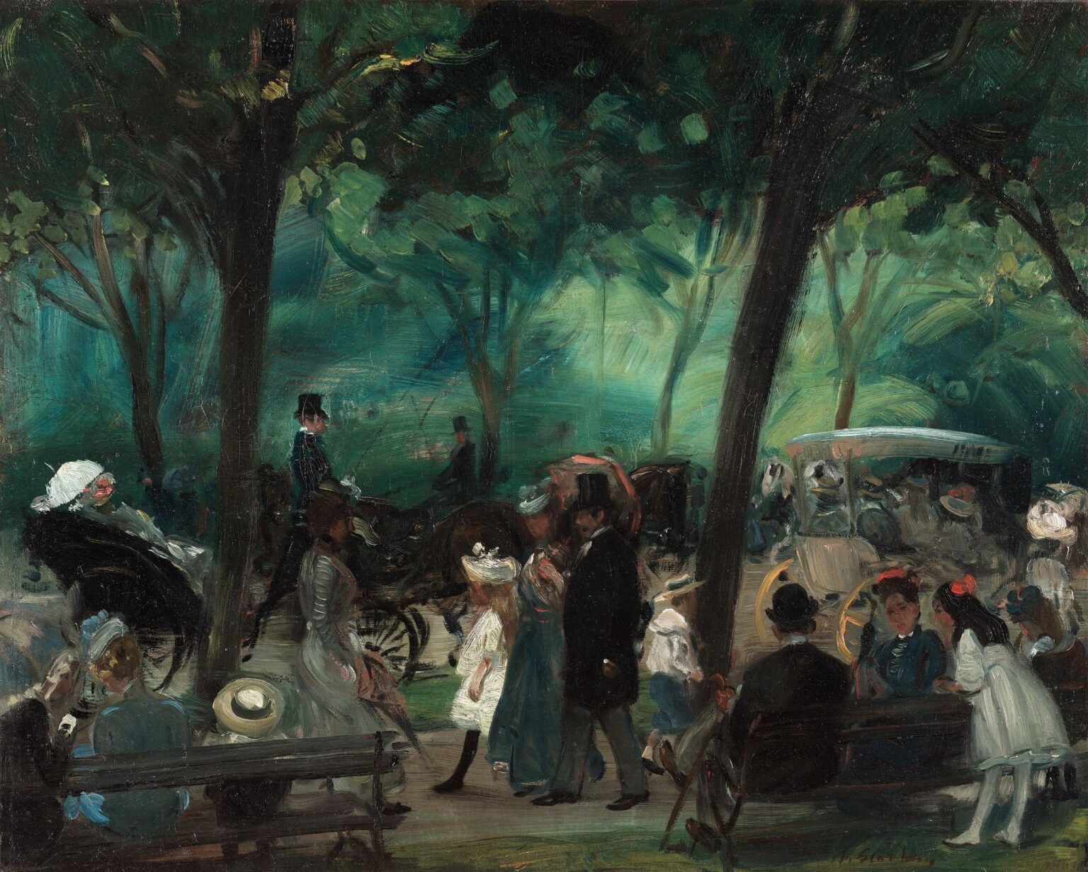 Impressionist painting of people and horse-drawn carriages on a shaded park drive, with benches beneath tall trees and dappled sunlight filtering through leaves.