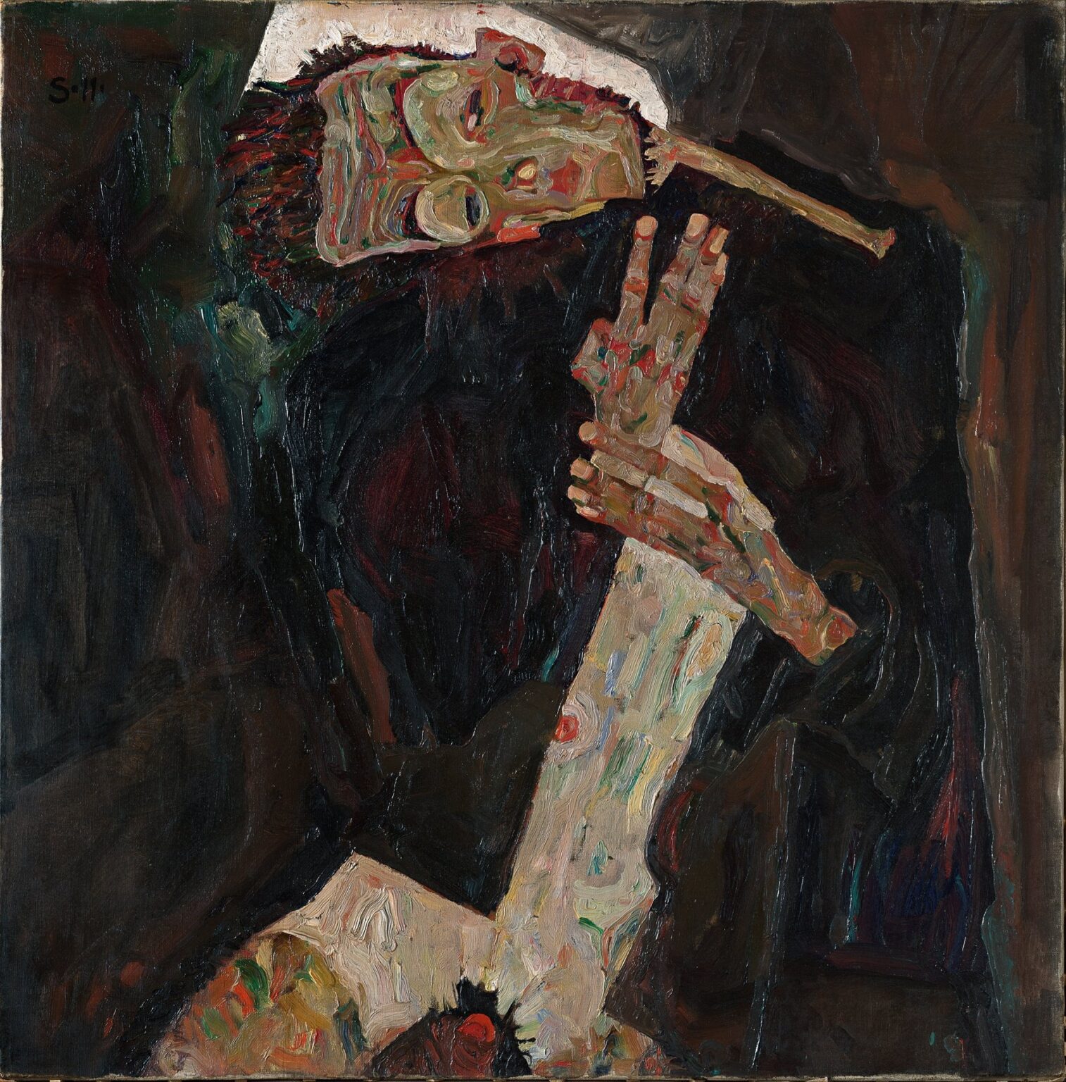 A stylized portrait of a slender figure in a dark coat, bent forward as he plays a long, flute-like instrument held across his shoulders; his angular face and hands are rendered in swirling brushstrokes of reds, greens, and pale tones against a dark, textured background.