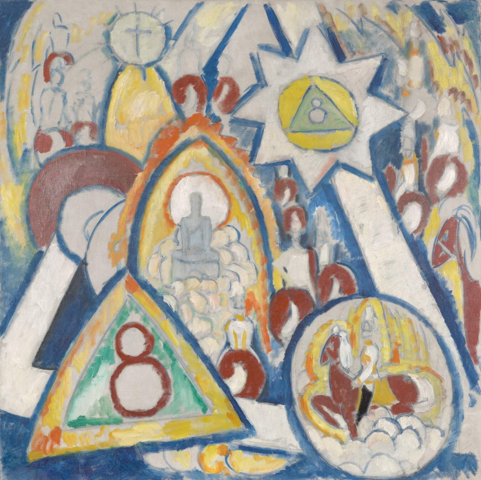Oil painting featuring an abstract collage of geometric shapes and figures, including a white eight-pointed star with a green-triangle “8,” red silhouette heads, a haloed seated figure, and a stylized horse and rider, rendered in muted blues, yellows, oranges, and whites.