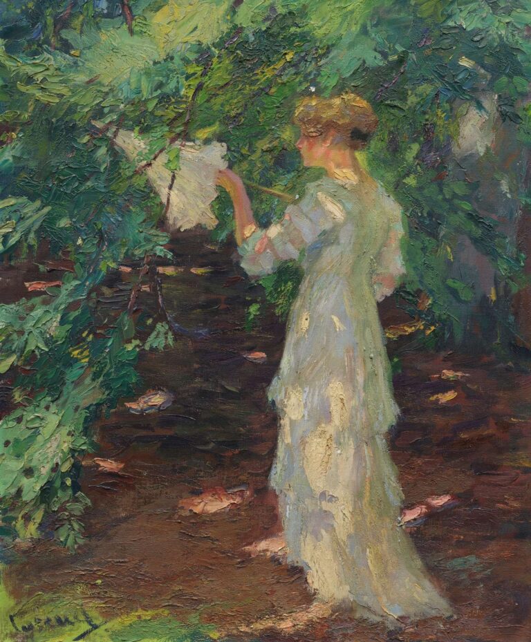 Woman in a flowing white gown stands beneath dense green foliage, brushing leaves aside as sunlight creates mottled shadows on the forest floor.