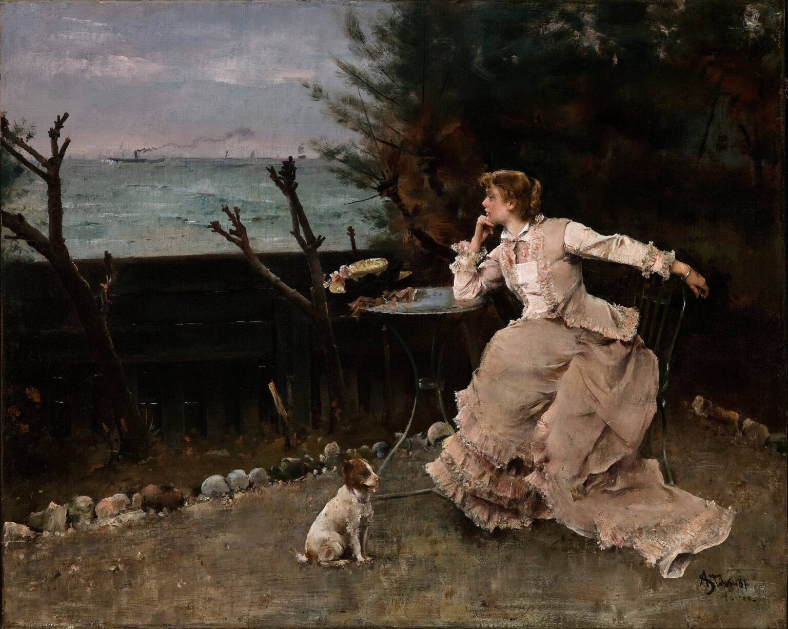 A finely dressed woman in a pale mauve bustle gown sits on a wrought‑iron chair beside a small round table by the sea, leaning forward with chin on hand in contemplative gaze; a small white dog sits alert at her feet against a dark, windswept shoreline.