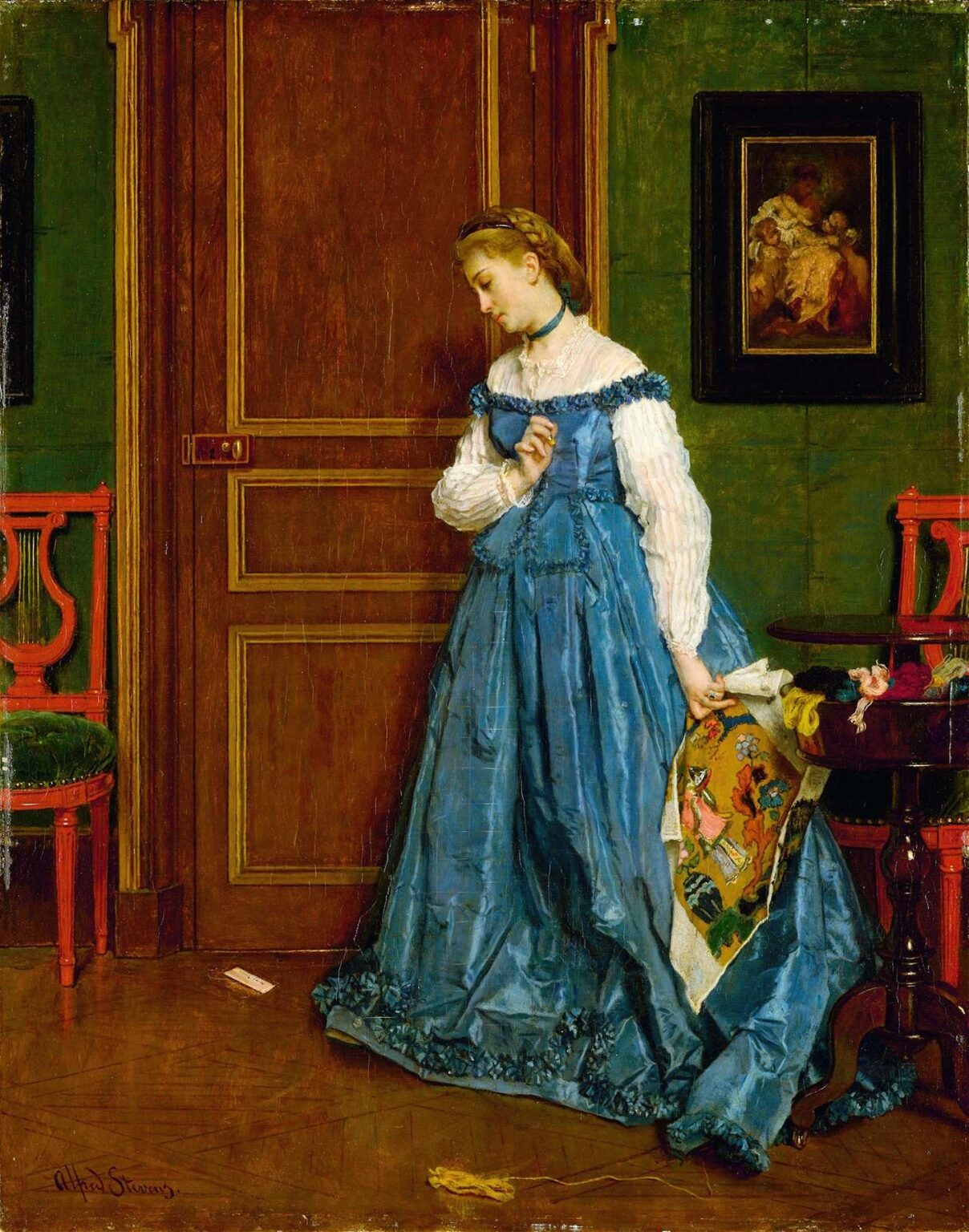 A woman in a blue silk gown stands in an opulent, wood‑paneled room, gazing down at a fallen letter on the polished floor as she clutches an embroidered handkerchief, embodying a moment of thoughtful hesitation.