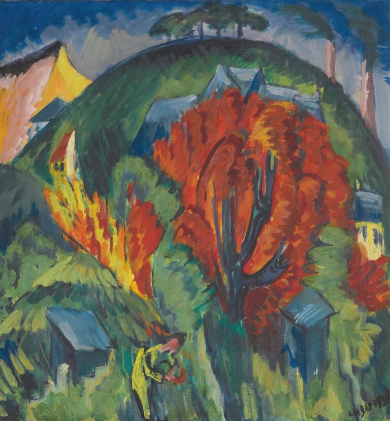 Expressionist oil painting of a gently sloping hill dotted with red and green foliage and angular farmhouses, crowned by a cluster of spindly trees under a stormy blue-gray sky.