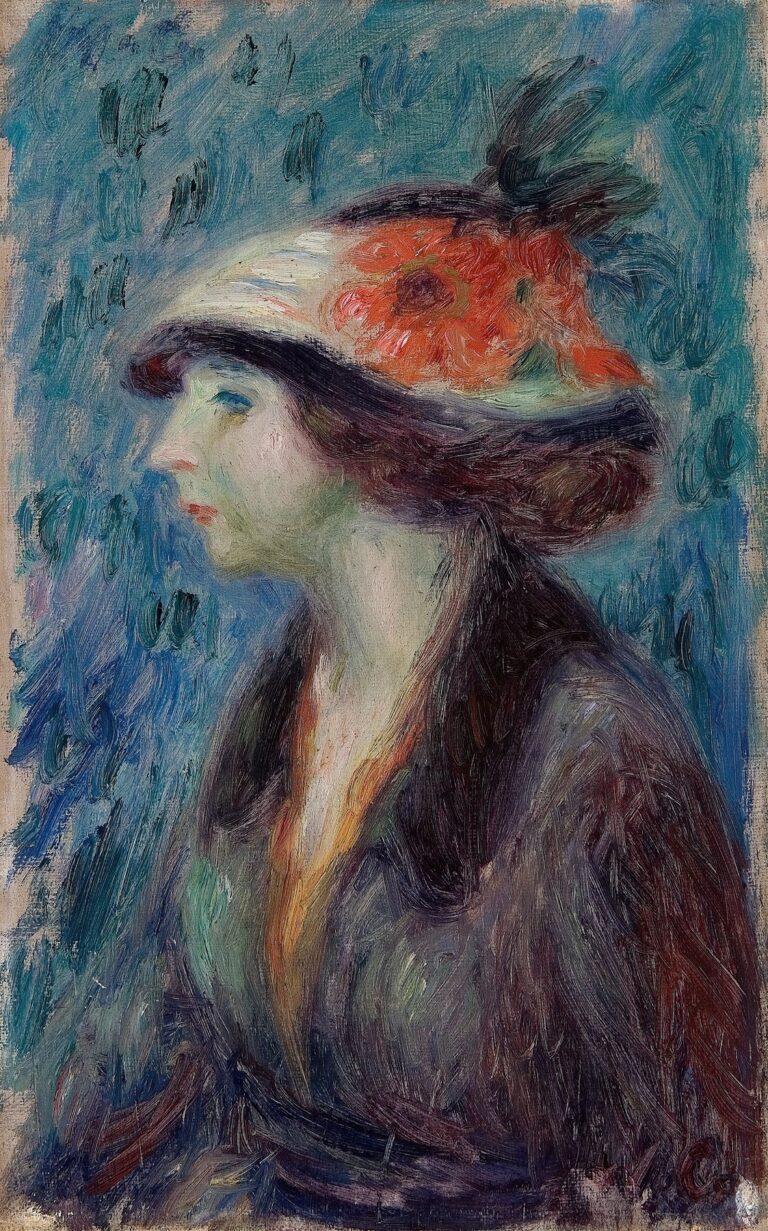 Oil painting of a young woman in profile wearing a hat decorated with large coral and white flowers, set against a loose green-blue background, rendered in expressive, impressionistic brushstrokes by William James Glackens, 1913.