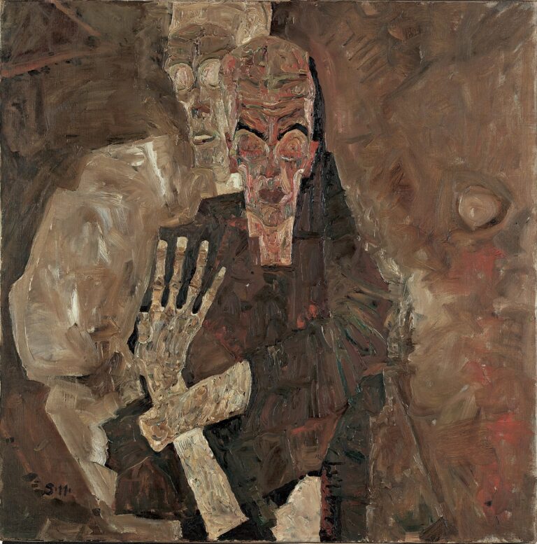 A gaunt skeleton draped in tattered robes leans toward a twisted man shown in profile; the skeletal hand grips the man’s shoulder as both figures float against a textured brown-gray background, rendered in jagged, impasto brushstrokes.