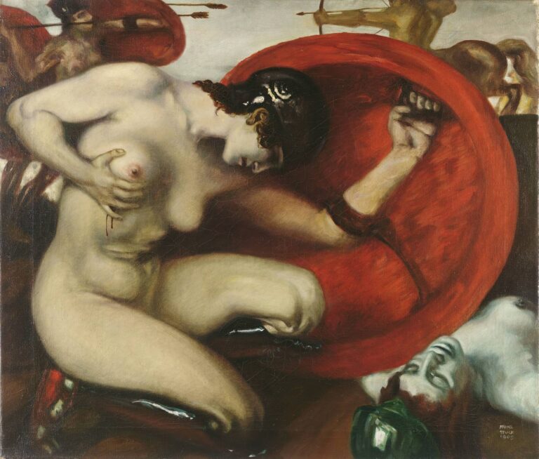 Oil painting of a nude Amazon warrior kneeling on rocky ground, clutching a blood-red shield and fallen helmet, with an arrow wound in her shoulder, blood dripping from her breast, as centaur archers fire from the shadows behind her.