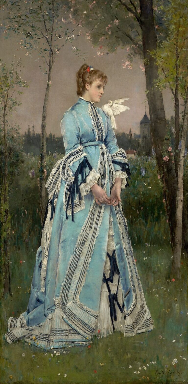 A young woman in a pale blue lace‑trimmed gown stands in a blossoming orchard with a white dove perched on her shoulder, framed by slender trees and a distant church spire against a soft spring sky.