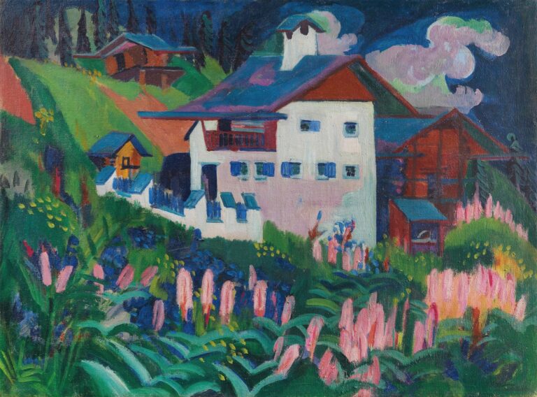 Oil painting of a white two-story chalet with a red roof and blue shutters nestled on a green alpine slope, surrounded by tall pink wildflowers and dark pine trees under a bright blue sky.