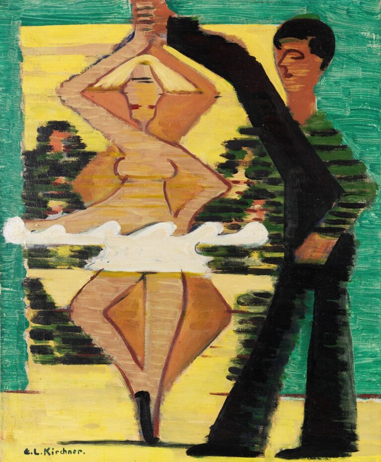 Expressionist painting by Ernst Ludwig Kirchner depicting a stylized dancer mid-twirl with raised arms, rendered in ochre, green, and black against horizontal bands of green and yellow.