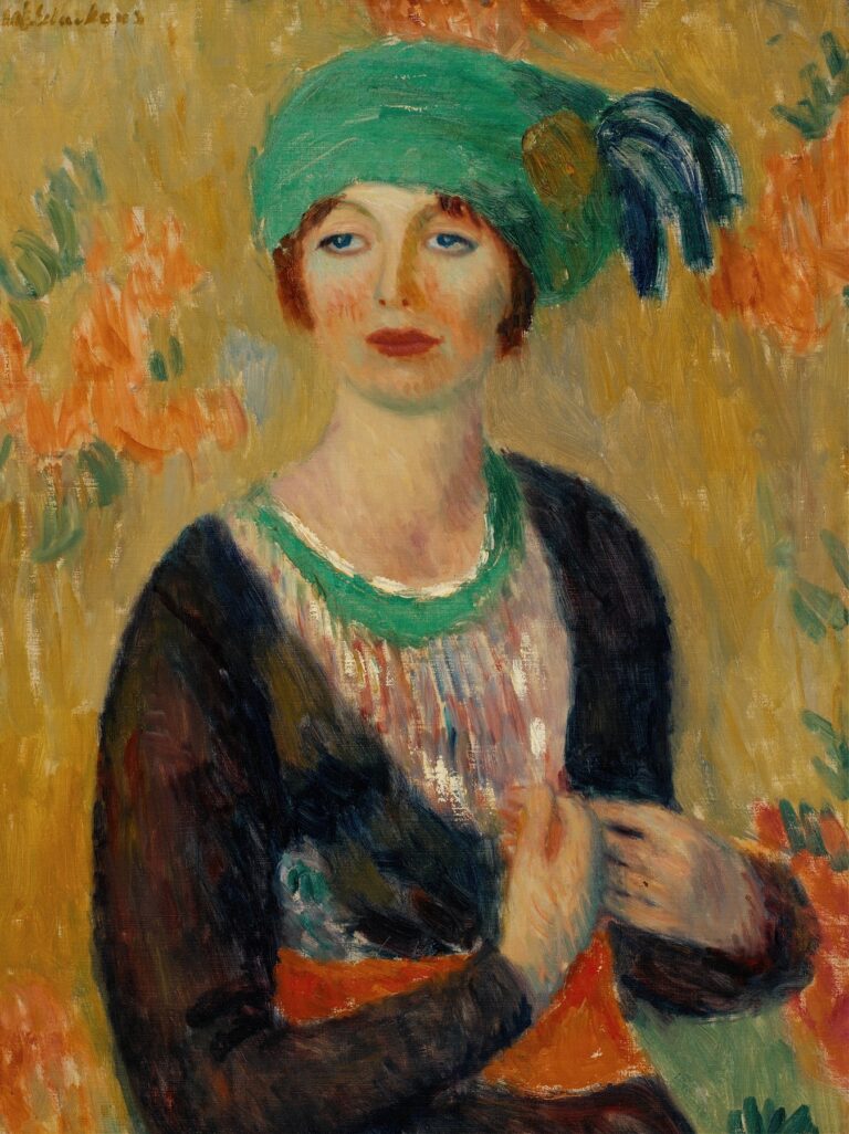 Impressionist oil painting of a young woman seated three-quarter length, wearing a bright green turban and white blouse against an abstract floral background in gold and green tones, with expressive brushwork by William James Glackens, 1913.