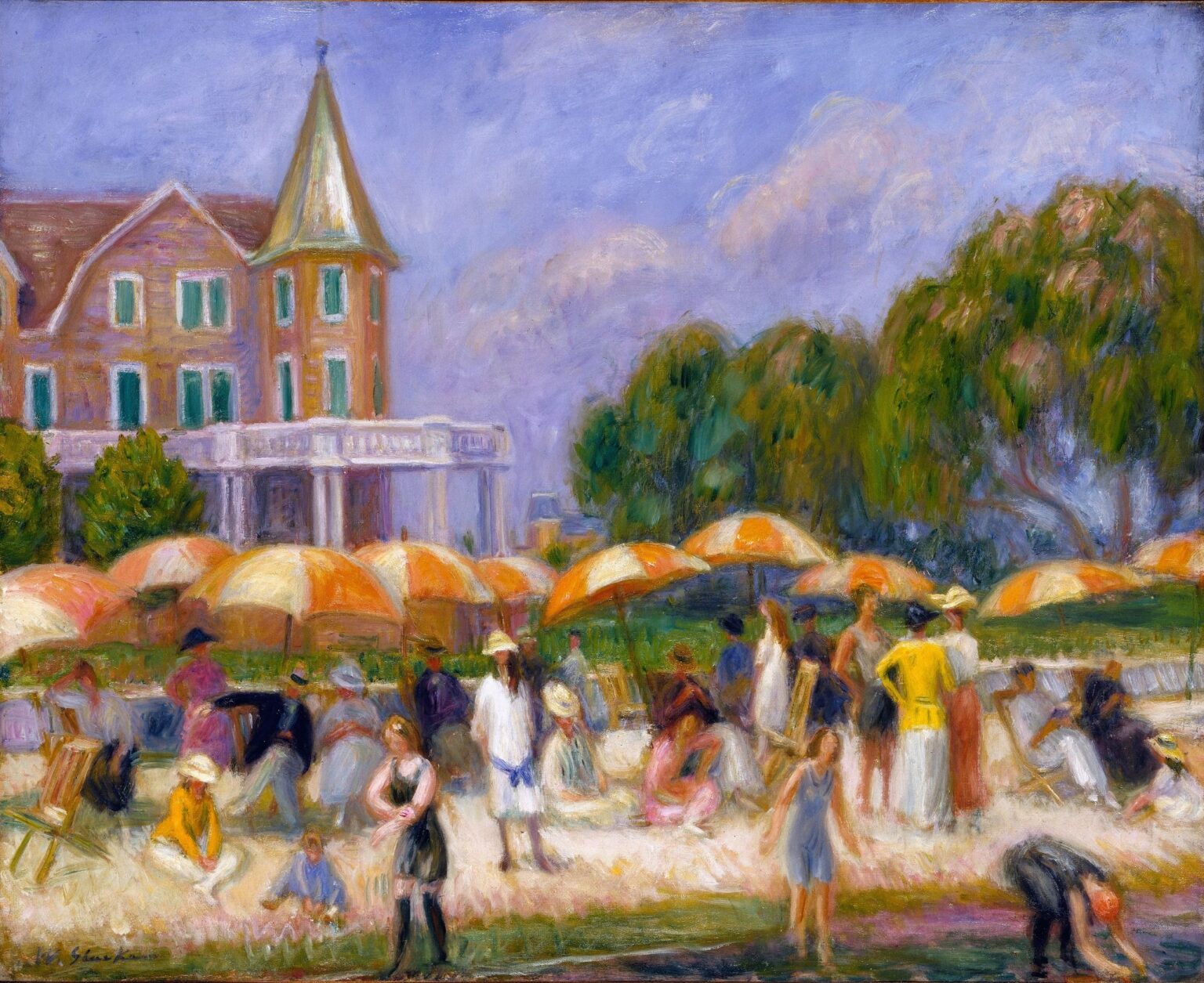 Impressionist scene of a crowded sandy beach with rows of yellow-and-orange striped umbrellas, figures seated or standing beneath them, and dune grasses with a pale blue sky overhead.