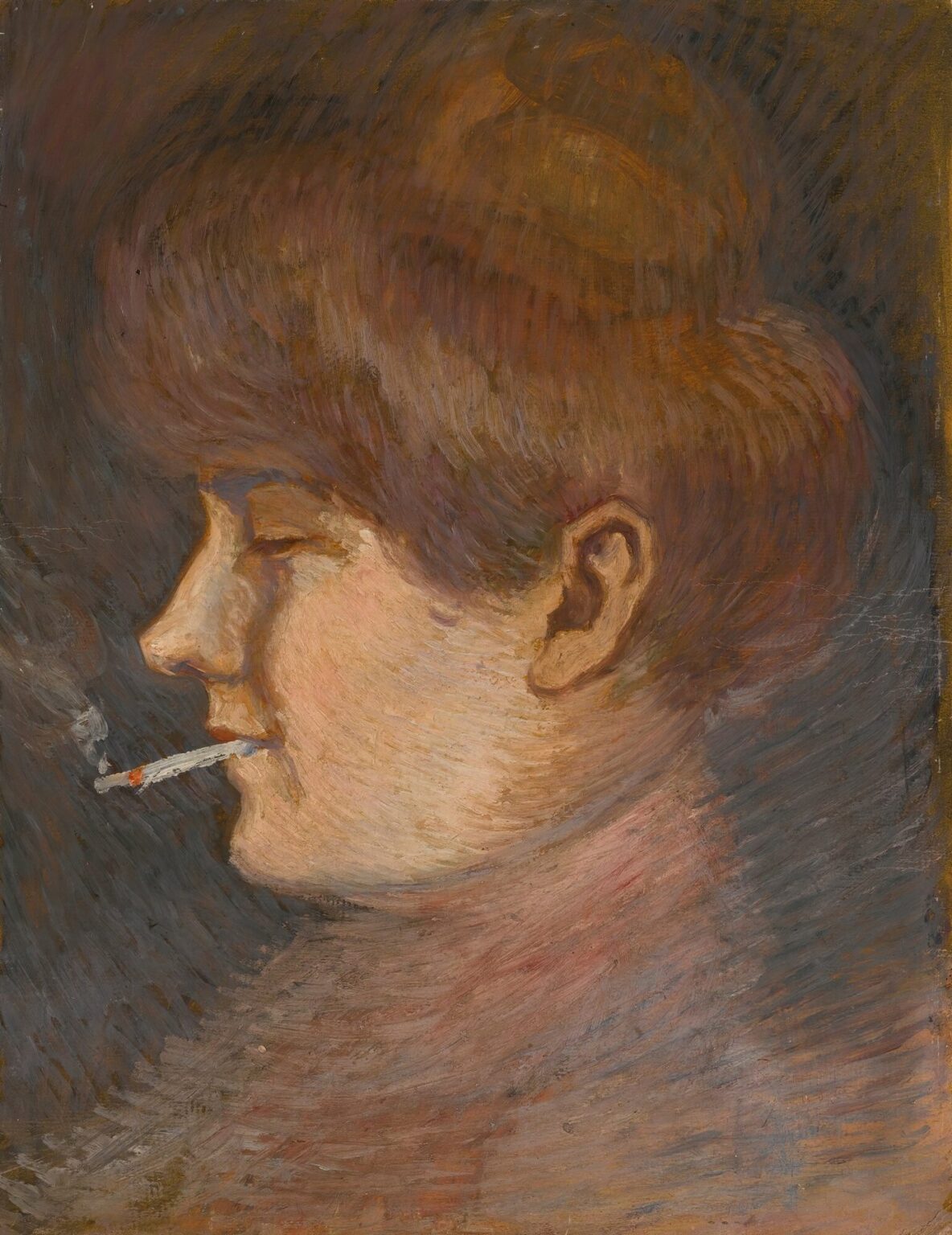 A three-quarter view oil portrait of a young woman with auburn hair pulled back, wearing a high-necked lace blouse, set against a soft taupe background, her thoughtful gaze meeting the viewer with quiet intensity.