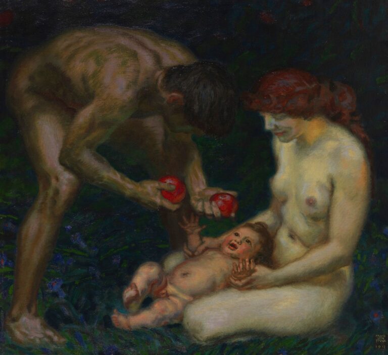 Oil painting depicting a nude Eve seated on grass holding a nude infant, while Adam bends forward offering two red apples, all set against a dark, lush forest background.
