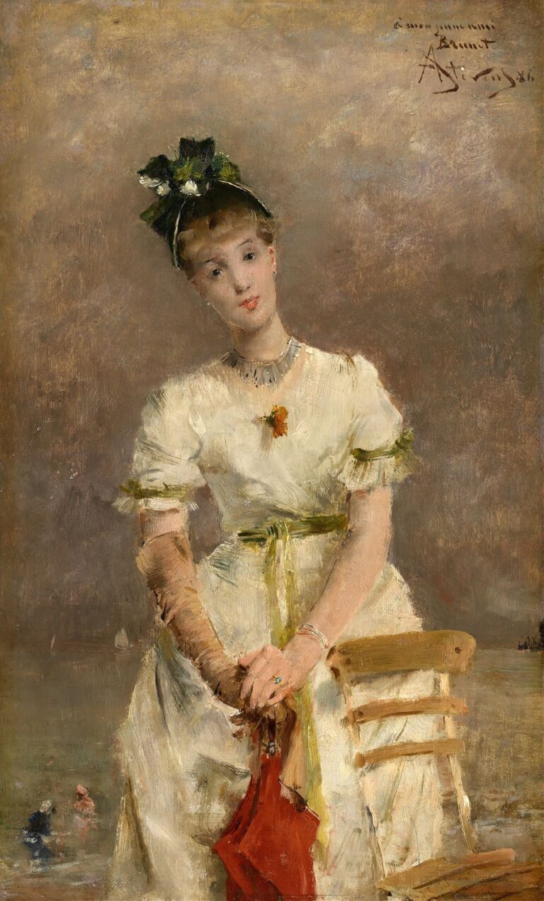 A young woman in a pale white dress and floral hat leans on a wooden chair at the shoreline, holding a folded red parasol as she gazes thoughtfully toward the viewer with the misty sea stretching out behind her.