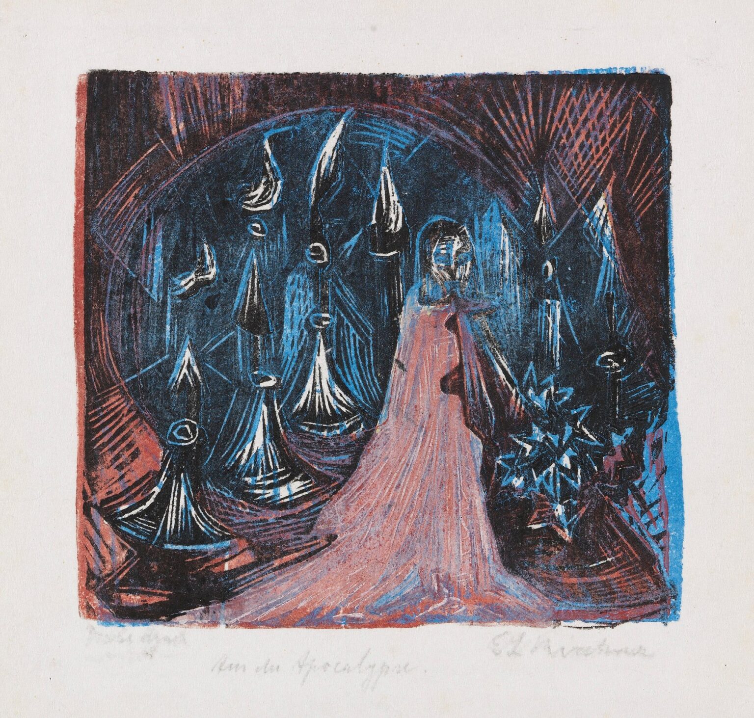 Expressionist work by Ernst Ludwig Kirchner depicting a central figure holding a glowing double-edged sword, surrounded by seven stylized candlesticks set against a dark, cross-hatched background.
