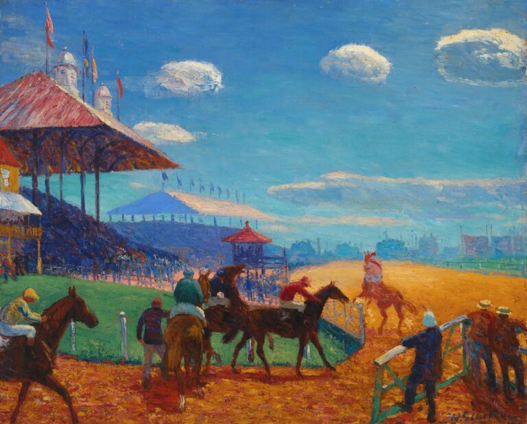 Oil painting depicting a racetrack scene with jockeys on horses gathering before the starting gate, a packed grandstand to the left, fluttering flags overhead, and a bright blue sky with white clouds, rendered in loose, colorful brushstrokes by William James Glackens, 1909.
