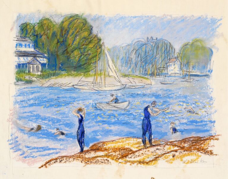 Impressionist painting of three women in blue wool bathing suits standing on a sandy bank by calm blue water, with a small rowboat and distant willows under a pale sky.
