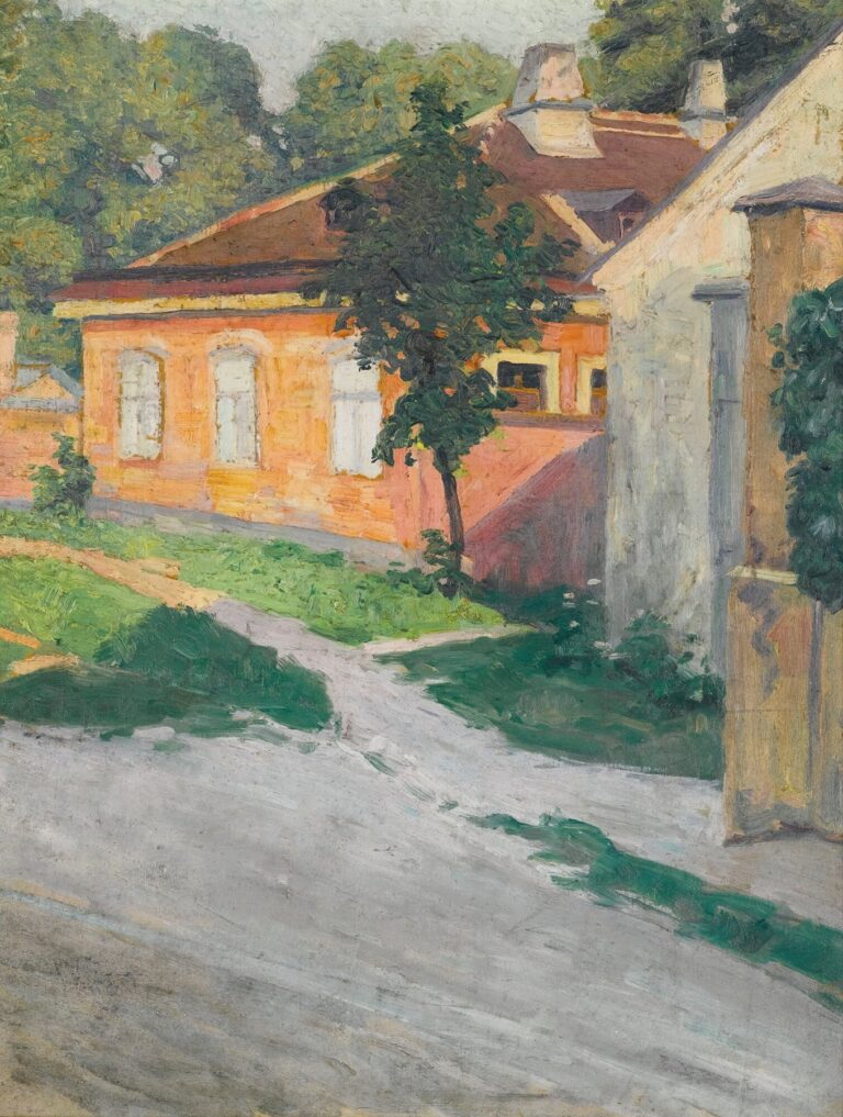 A modest ochre-colored country house with arched windows and a tiled roof sits beside a winding pale path, framed by dense green foliage under a soft grey-blue sky.