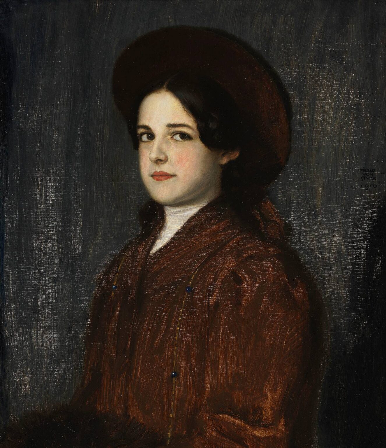 Oil portrait of a young girl with dark hair wearing a russet‑brown hat and matching dress, set against a dark, lightly textured background.