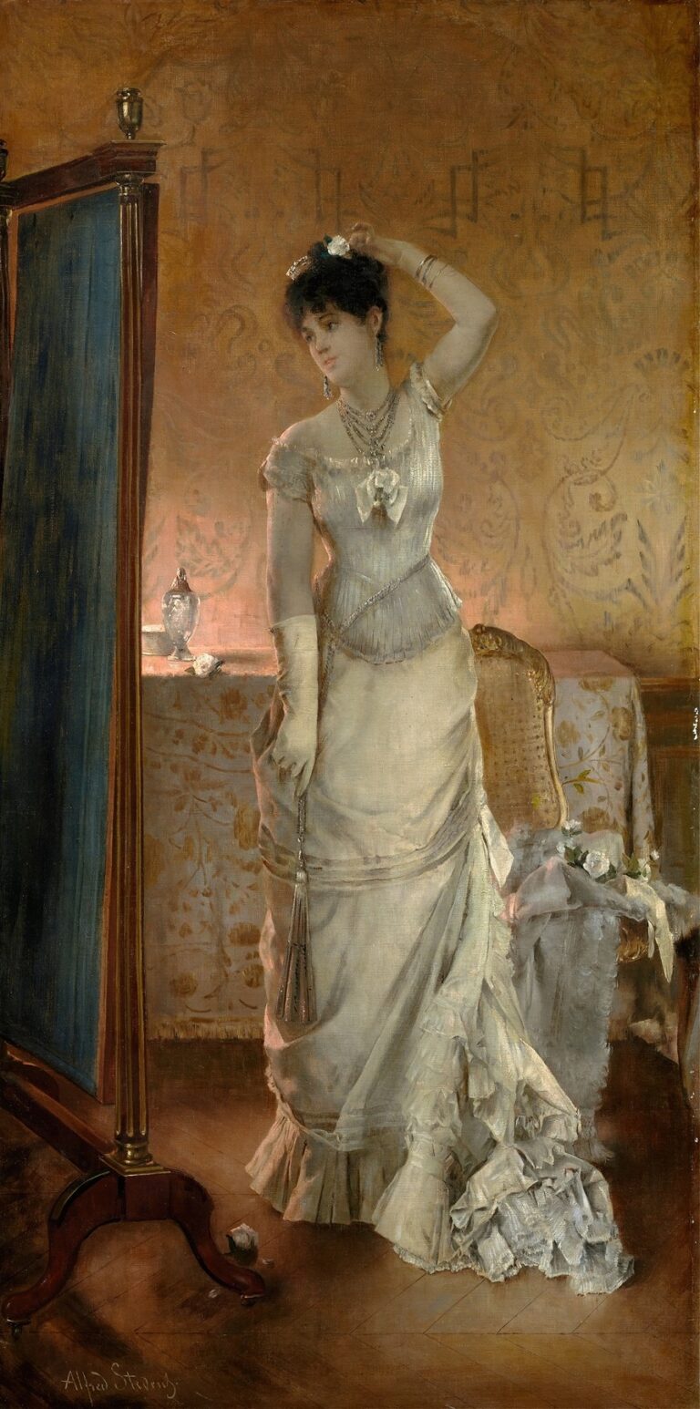 A woman in a high‑collared white silk dress trimmed with fur adjusts her hair before a tall mirror in a richly decorated interior illuminated by pale winter light.