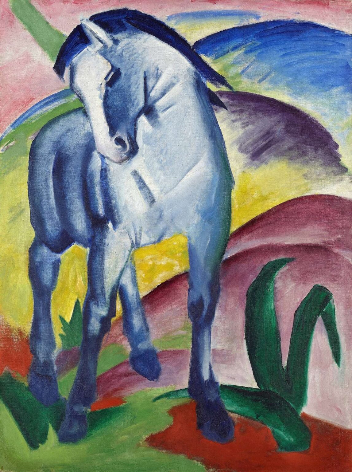 Oil on canvas depicting a single horse rendered entirely in shades of blue, standing on rolling green and red ground against a pastel pink and yellow sky, with simplified contours and rhythmic brushstrokes emphasizing form and spirituality.