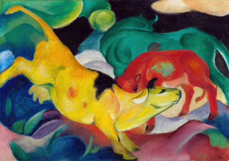 Oil on canvas depicting three stylized cows in bold yellow, red, and green hues, interlocked amid abstract color fields of blue, pink, and violet, with simplified contours and rhythmic brushwork.
