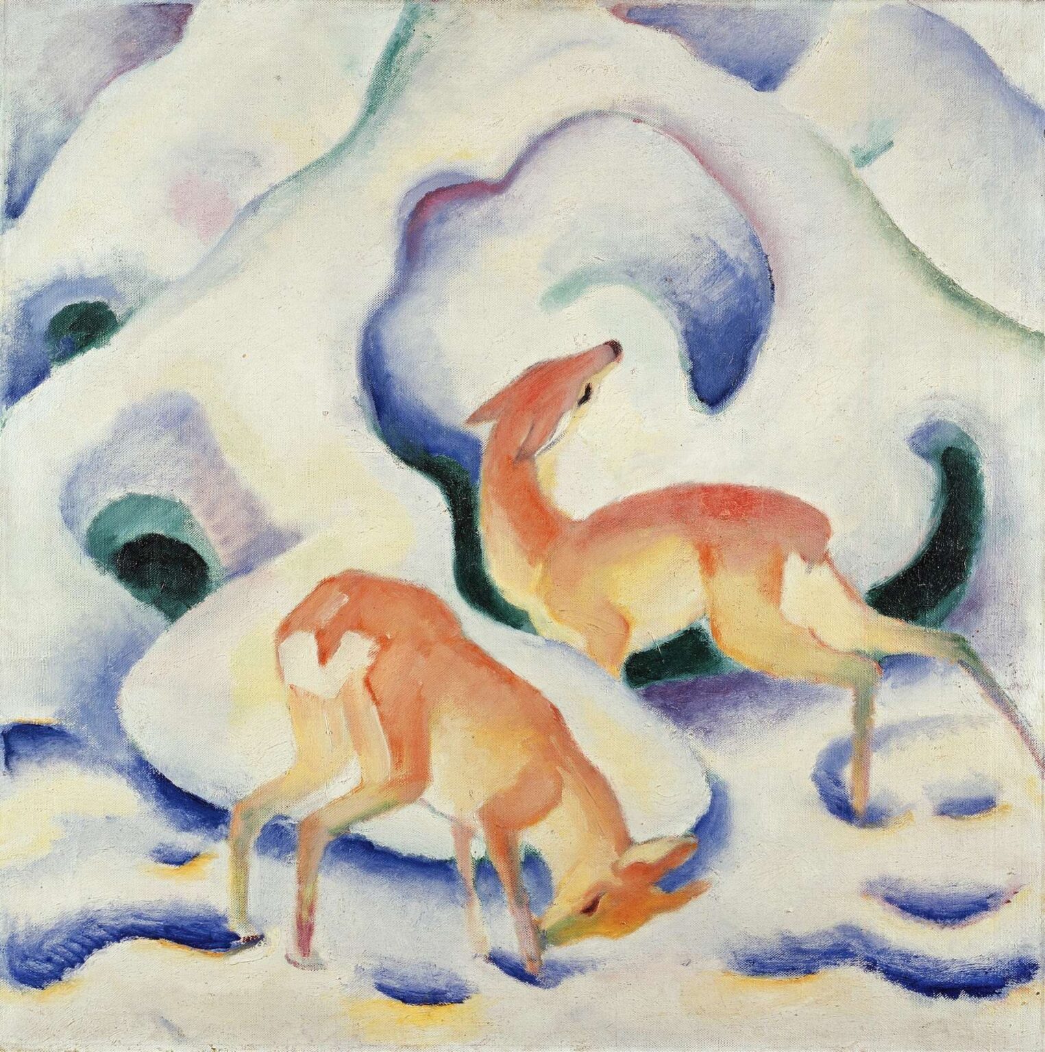 Two stylized deer in warm orange and yellow hues stand and graze amid sweeping, curving snowdrifts painted in cool blues, purples, and greens, creating an expressive winter scene by Franz Marc.