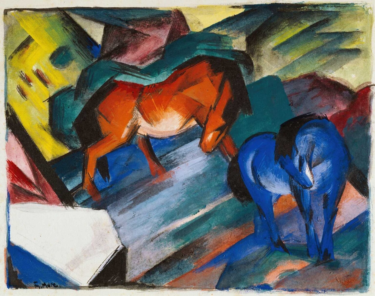 Two stylized horses—one painted in bold red, the other in vibrant blue—stand amid angular, multicolored planes of ground and sky, creating a dynamic interplay of color, form, and abstract space.