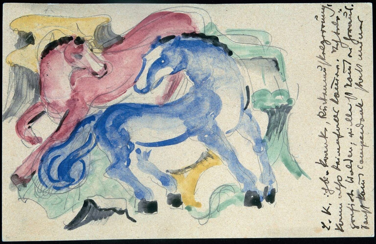 Watercolor and pencil on paper depicting two stylized horses—one in bright vermilion, the other in deep blue—interlocking in a flattened abstract landscape of yellow, green, and gray washes, with a column of handwritten German script at the right edge.
