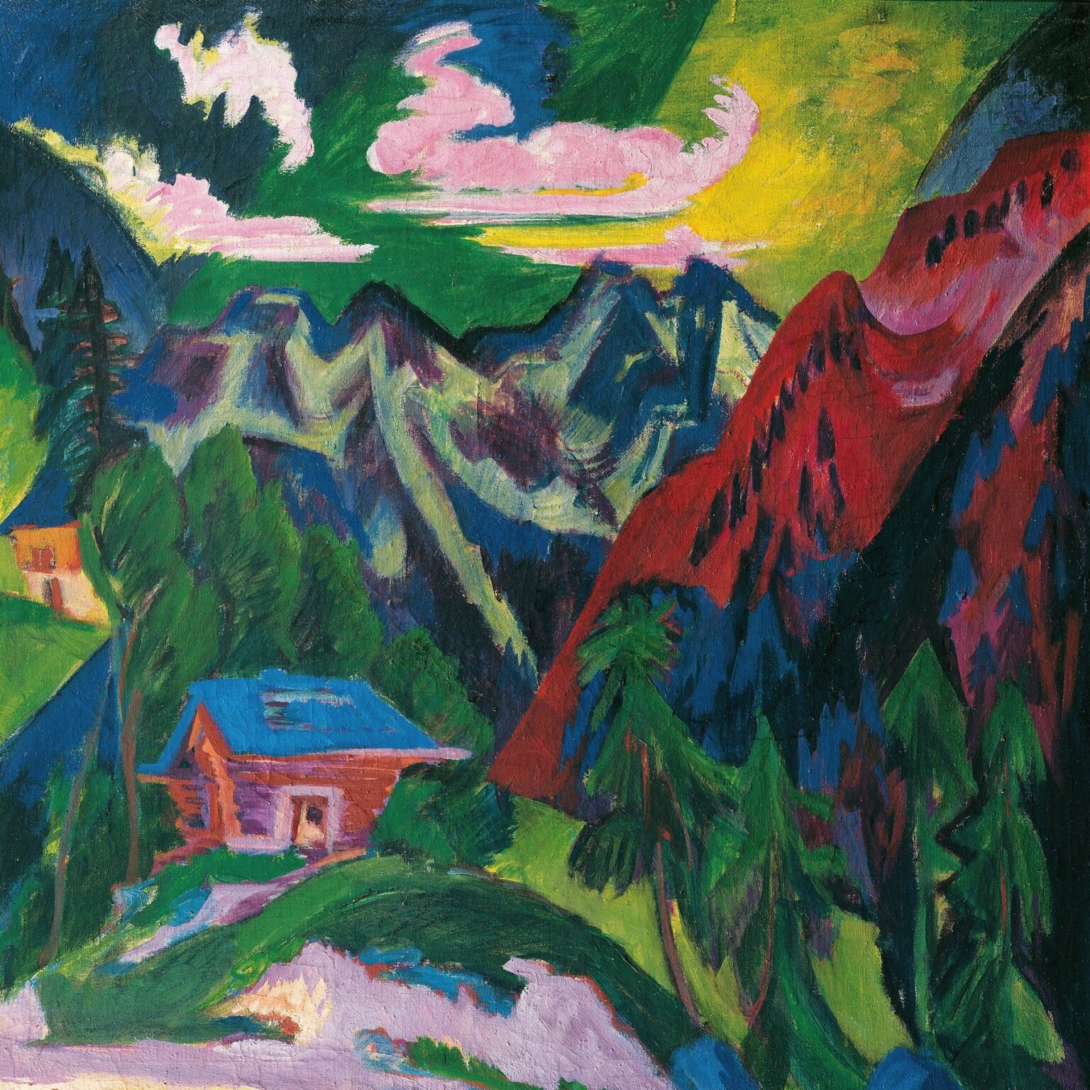 Expressionist oil painting of a red-toned mountain peak beside cobalt blue ridges, verdant slopes dotted with dark pine trees, and a small wooden hut nestled in swirling snow under a chartreuse-tinged sky.