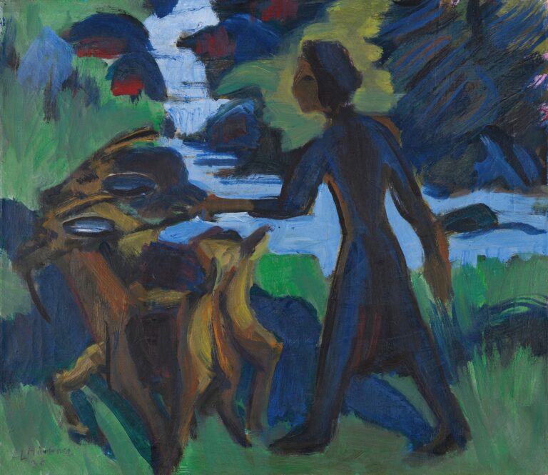 Expressionist painting by Ernst Ludwig Kirchner showing a dark-clad woman walking beside a brown goat along a blue-white mountain stream, set against green grass and shadowed rocks.