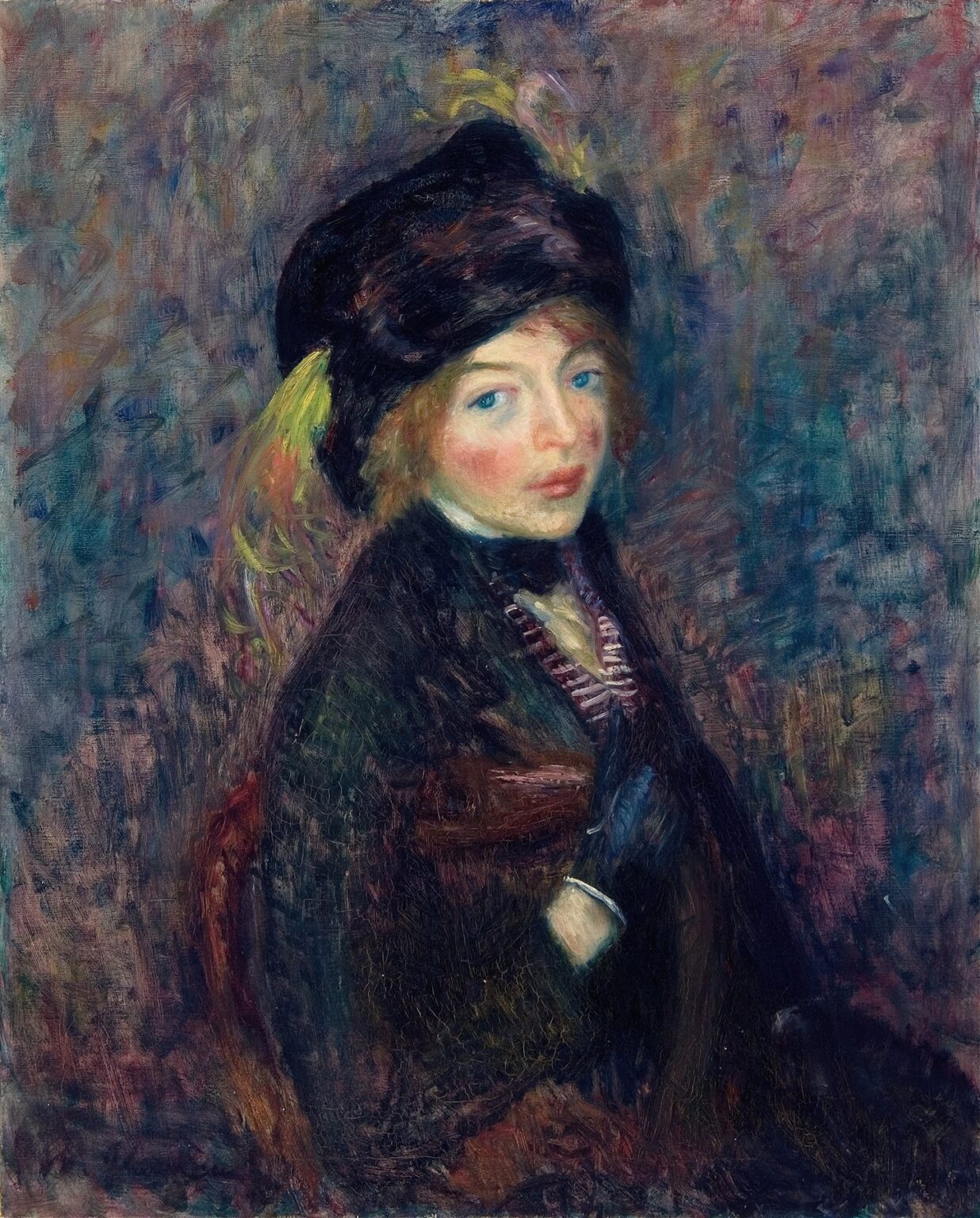 Oil portrait of a young woman wearing a black turban with a pale yellow-green feather, her head and shoulders set against an abstract purple-gray background, painted in loose, expressive brushstrokes by William James Glackens, 1912.