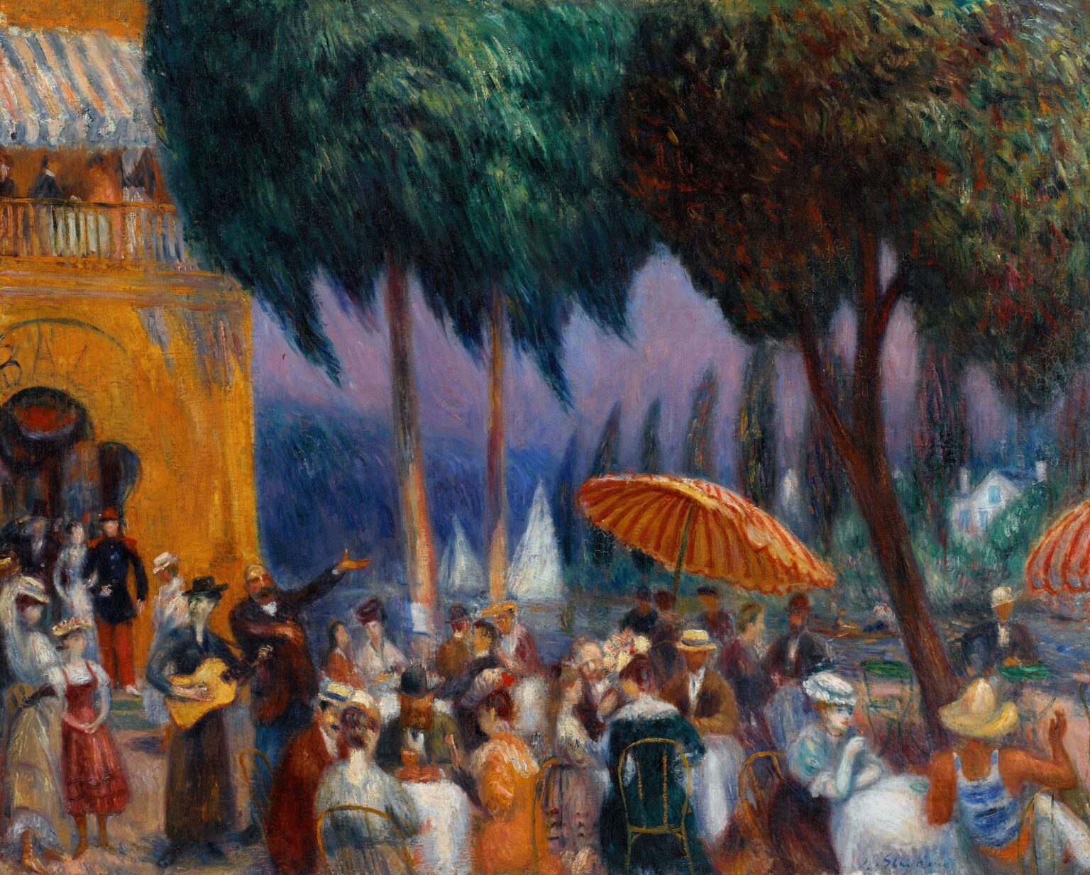 Impressionist painting of an outdoor café terrace beneath leafy trees by the Marne River, with diners, musicians, and sailboats on shimmering water.