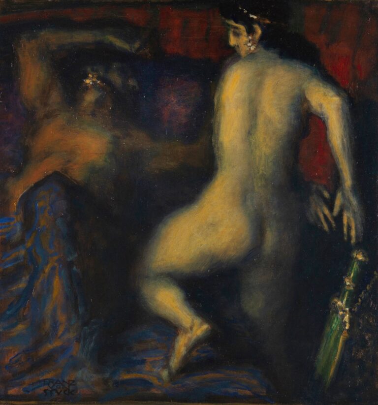 Oil on canvas showing nude Judith from behind, illuminated in pale light as she raises a jeweled sword, while the armored, shadowed body of Holofernes lies slumped at her feet against a dark, draped background.