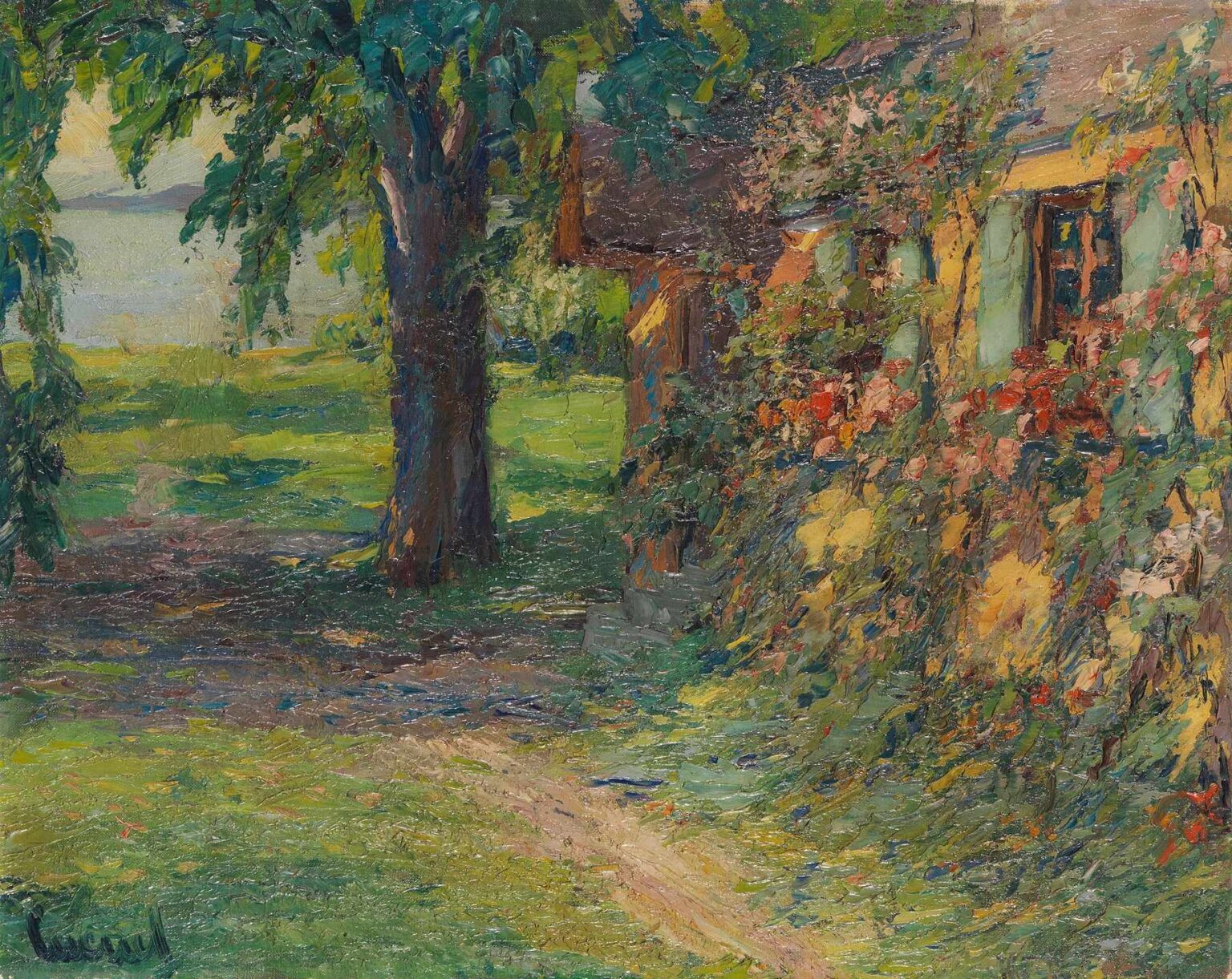 Impressionist oil painting of a yellow cottage draped in climbing roses beside a large leafy tree, with a winding grassy path leading toward the shimmering waters of Lake Starnberg.