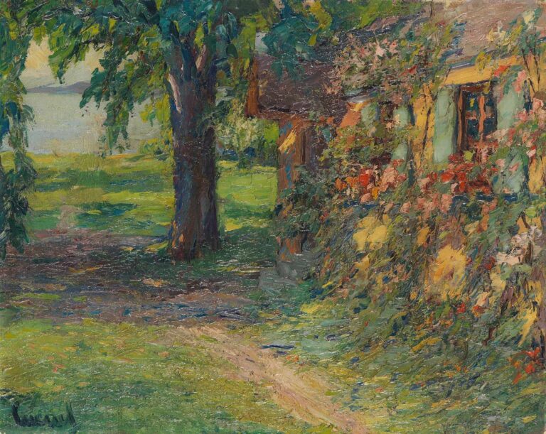 Impressionist oil painting of a yellow cottage draped in climbing roses beside a large leafy tree, with a winding grassy path leading toward the shimmering waters of Lake Starnberg.