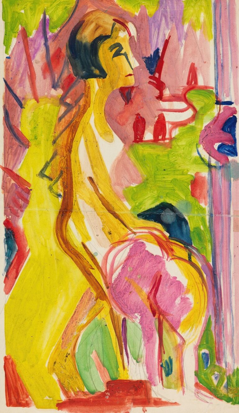 Expressionist painting by Ernst Ludwig Kirchner showing two stylized nude women side by side—one with arms raised, the other reaching toward her—in front of vibrant pink and green color fields.