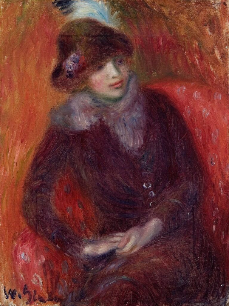 Oil portrait of a seated woman wearing a dark dress with a pale fur collar against a vivid red background, rendered in loose, Impressionist-inspired brushstrokes by William James Glackens, 1916.