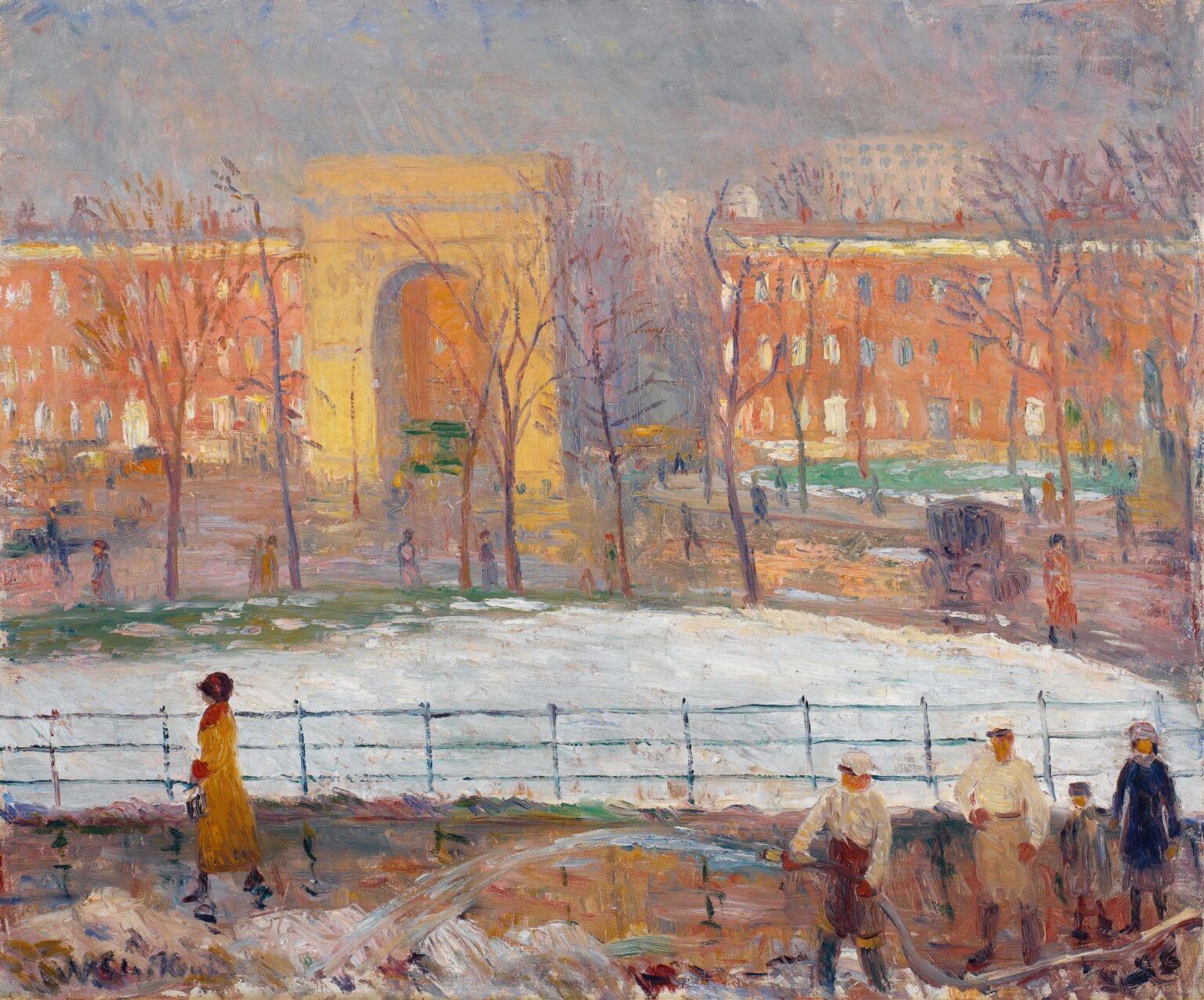 Impressionist painting of workers sweeping snow and slush on a New York street in front of Washington Square Arch, with a woman in a yellow coat and distant red-brick buildings under a gray sky.