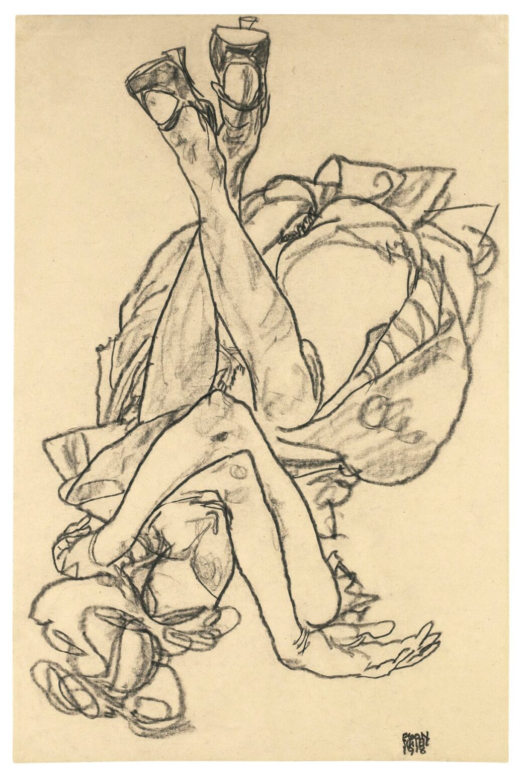 A charcoal drawing of a nude young woman reclining on her back with her arms and legs crossed in an X-shape, her limbs elongated and outlined in bold, expressive lines against a blank paper background.