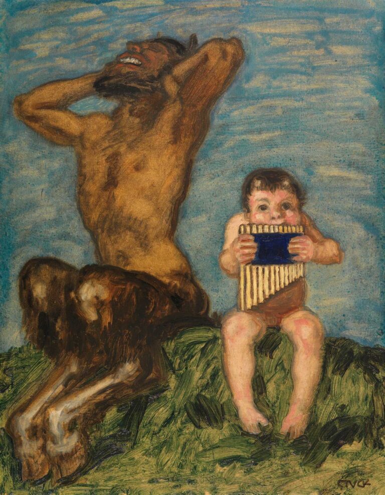Oil painting showing a anguished satyr covering his ears beside a nude child sitting on grass and playing panpipes, set against a blue‑gold sky.