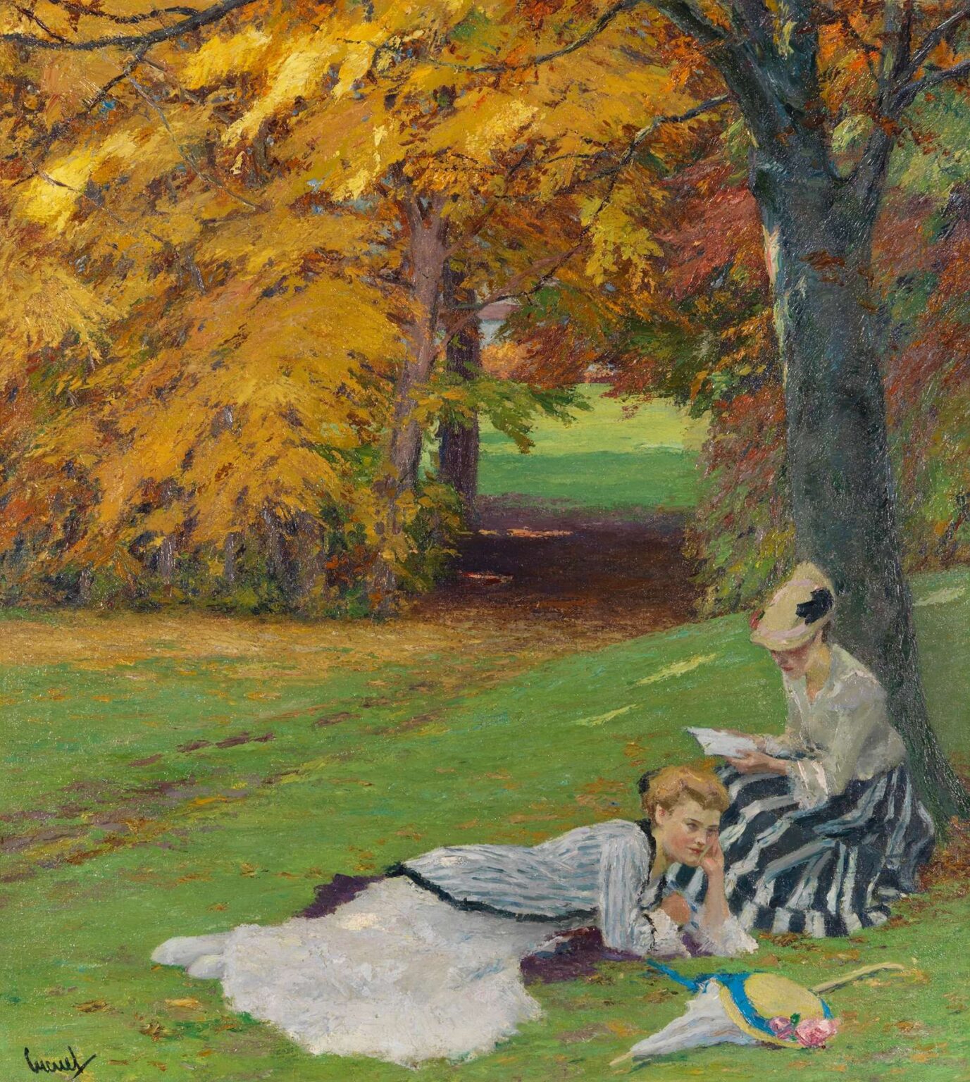 Oil painting of two women in Edwardian dresses seated and reclining beneath a large golden autumn tree on green grass, one reading a letter while vibrant fall leaves shimmer above and around them.