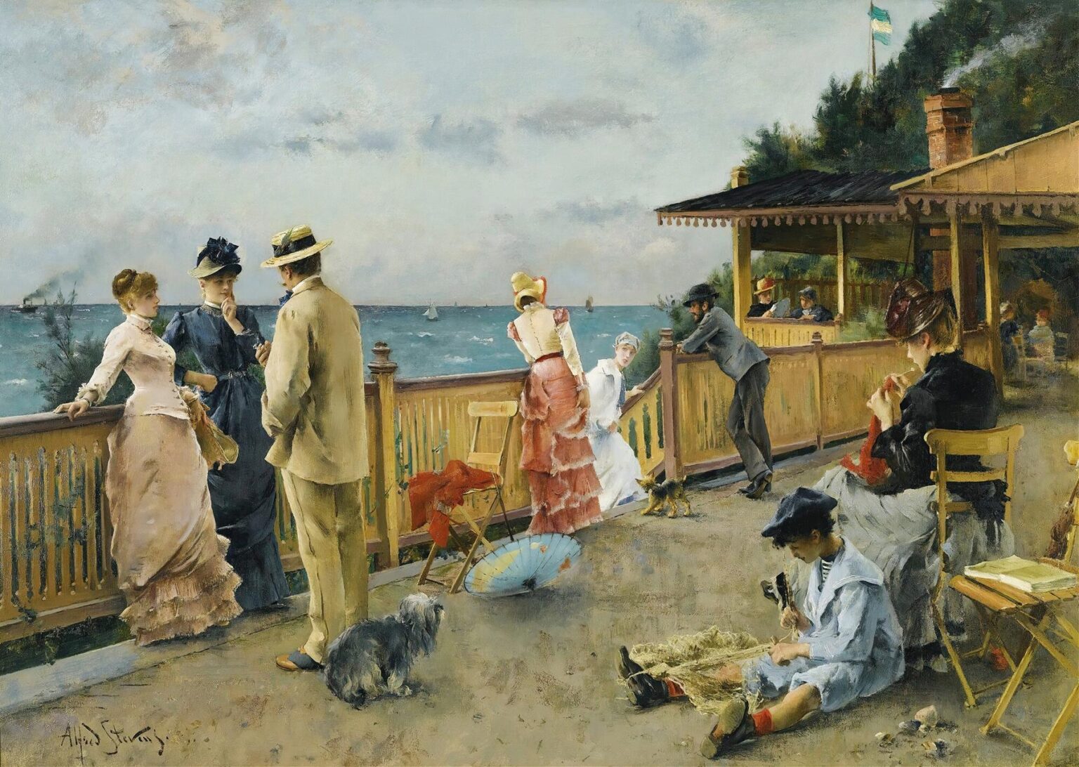 Elegant men, women, and a child in fashionable 1880s attire enjoy a serene afternoon on a wooden terrace overlooking the sea, surrounded by folding chairs, parasols, and a sheltered veranda.