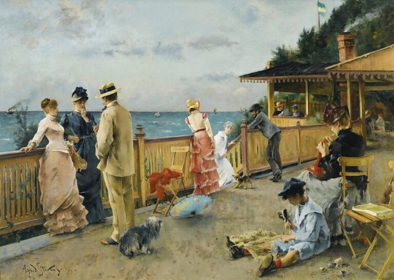 Elegant men, women, and a child in fashionable 1880s attire enjoy a serene afternoon on a wooden terrace overlooking the sea, surrounded by folding chairs, parasols, and a sheltered veranda.